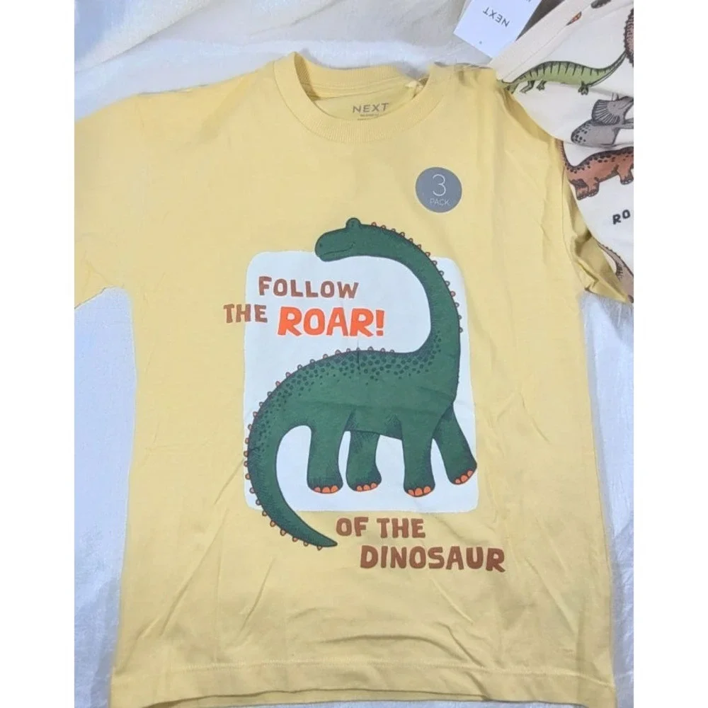 Next Boy's 3-Pack Monochrome/Yellow Dinosaur Short Sleeve T-Shirts Sz 5-6 Years